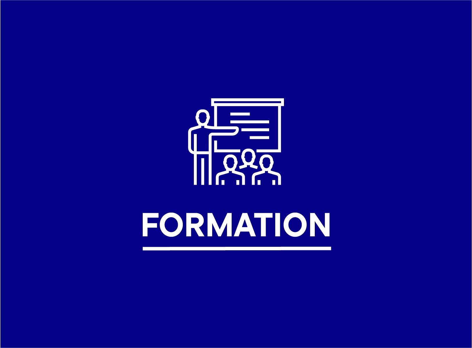 Visuel d’introduction consacré à la formation. Sur fond bleu foncé, un pictogramme blanc représente une personne animant une formation devant un tableau et trois participants. Le mot « FORMATION » apparaît en grandes lettres blanches sous l’illustration.