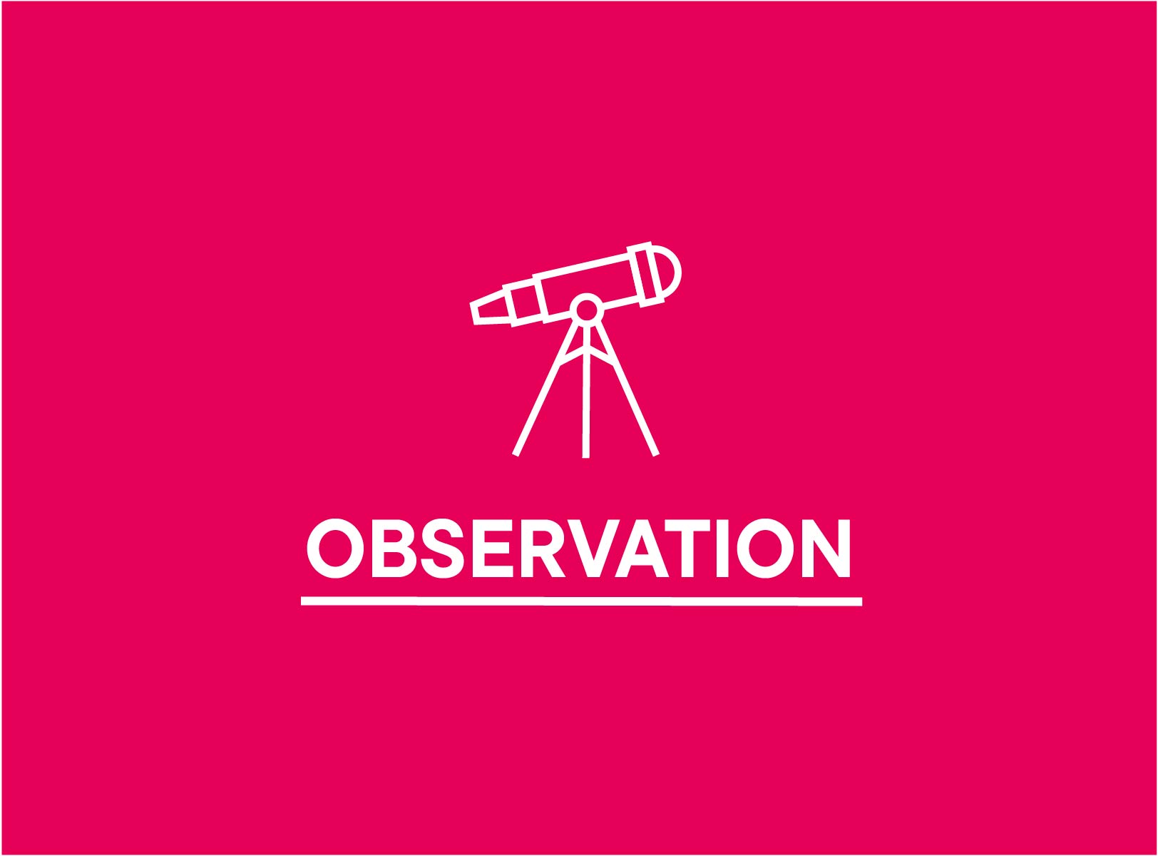 Visuel d’introduction consacré à l’observation. Sur un fond rouge, un pictogramme blanc représentant un télescope sur trépied symbolise l’observation et l’analyse. Le mot « OBSERVATION » apparaît en grandes lettres blanches majuscules sous l’illustration.