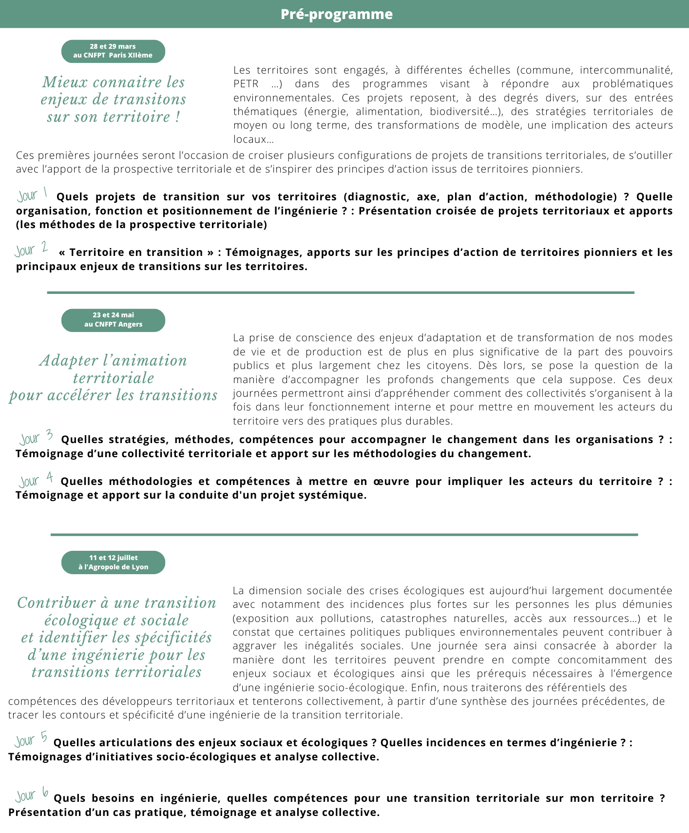 Programme de l'itinéraire