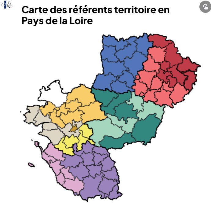 Carte des référents territoire en Pays de la Loire - cliquez sur la carte pour l'ouvrir en mode interactig
