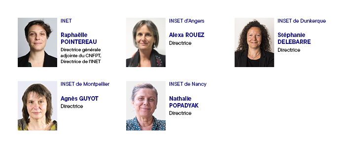 L’infographie présente un trombinoscope composé de cinq portraits accompagnés du nom et de la fonction de chaque personne. De gauche à droite et de haut en bas :  INET : Raphaëlle Pointreau, directrice générale adjointe du CNFPT et directrice de l’INET. INSET d’Angers : Alexa Rouez, directrice. INSET de Dunkerque : Stéphanie Delebarre, directrice. INSET de Montpellier : Agnès Guyot, directrice. INSET de Nancy : Nathalie Popadyak, directrice.