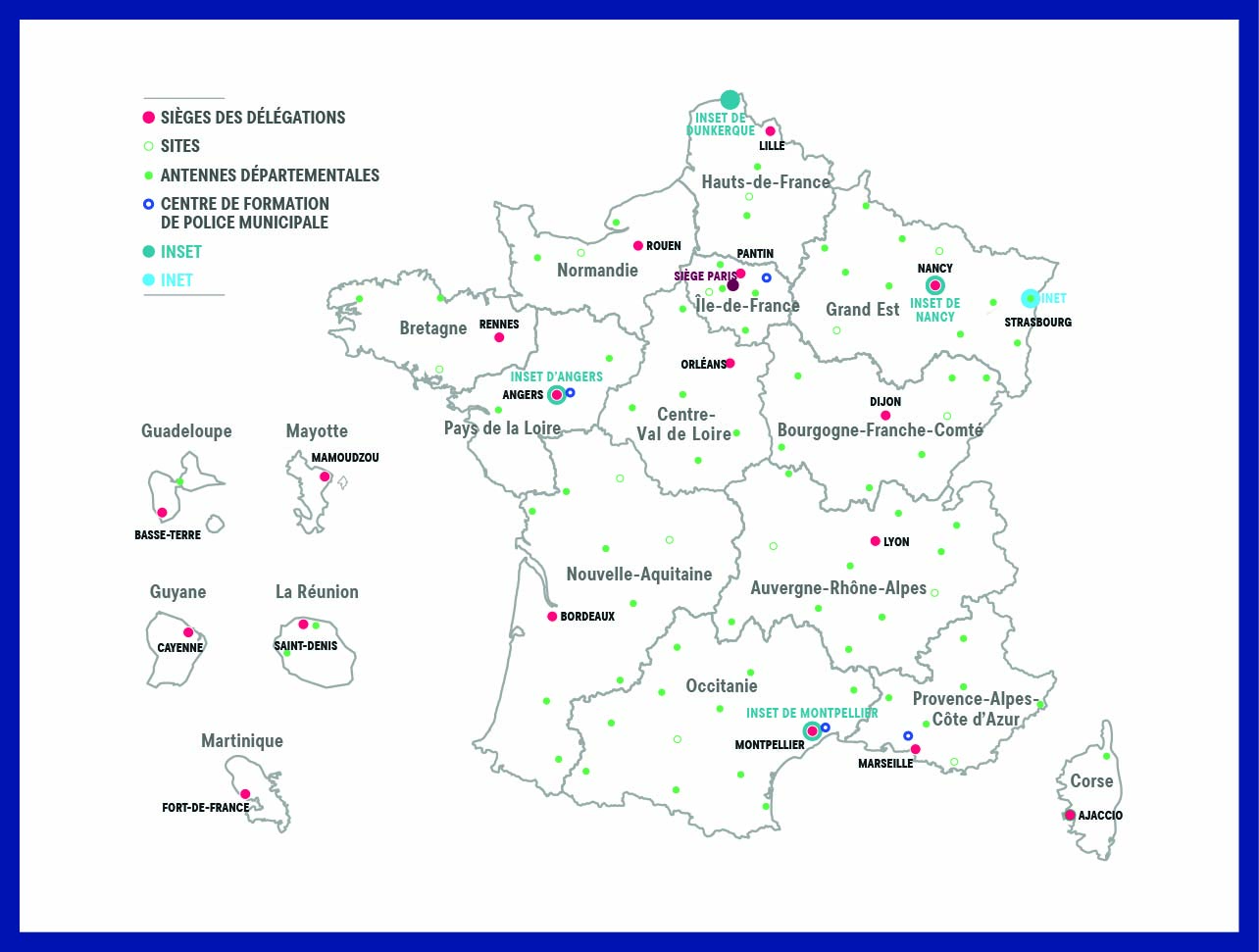 L’infographie présente une carte de la France métropolitaine et des territoires ultramarins illustrant l’implantation territoriale du CNFPT.  Une légende distingue :  les sièges des délégations régionales ; les sites de formation ; les antennes départementales ; les centres de formation de police municipale ; les INSET (Instituts nationaux spécialisés d’études territoriales) ; l’INET (Institut national des études territoriales).  Les sièges des délégations régionales sont notamment localisés à :  Lille (Hauts-de-France) ; Rouen (Normandie) ; Rennes (Bretagne) ; Angers (Pays de la Loire) ; Orléans (Centre-Val de Loire) ; Paris et Pantin (Île-de-France) ; Nancy (Grand Est) ; Dijon (Bourgogne-Franche-Comté) ; Lyon (Auvergne-Rhône-Alpes) ; Bordeaux (Nouvelle-Aquitaine) ; Montpellier (Occitanie) ; Marseille (Provence-Alpes-Côte d’Azur) ; Ajaccio (Corse).  Les délégations ultramarines sont situées à :  Basse-Terre (Guadeloupe) ; Cayenne (Guyane) ; Fort-de-France (Martinique) ; Mamoudzou (Mayotte) ; Saint-Denis (La Réunion).  La carte identifie également les quatre INSET implantés à Angers, Dunkerque, Montpellier et Nancy, ainsi que l’INET situé à Strasbourg.  L’objectif de l’infographie est de présenter la répartition géographique des structures et implantations du CNFPT sur l’ensemble du territoire national.