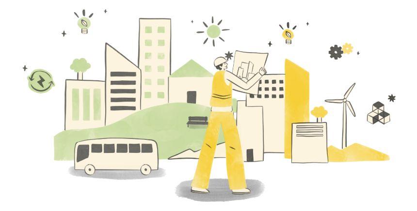 iconographie jaune et vert avec homme de chantier tenant un plan devant des symboles de la ville et des transitions