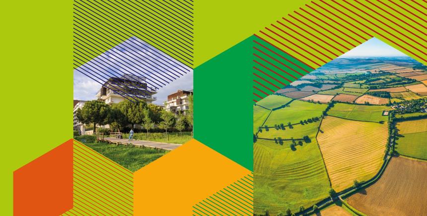Sur fond vert, carrés entremêlés de couleurs orange, rouge et images d'un parc urbain et de champs vue du ciel