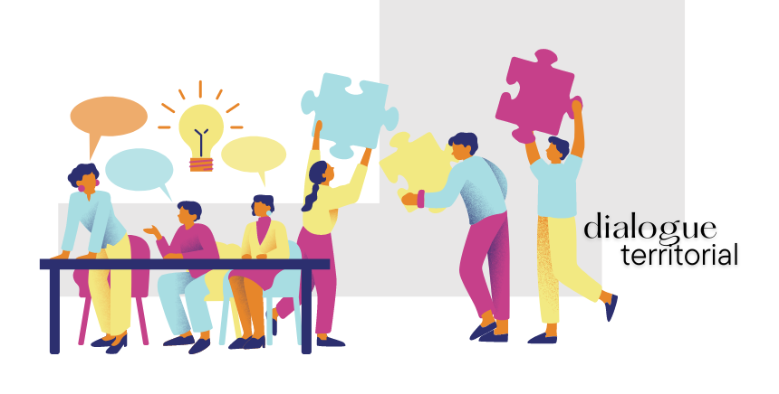 image graphique sur le dialogue territorial avec personnes échangeant autour d'une table avec bulles de dialogue, pièces de puzzle