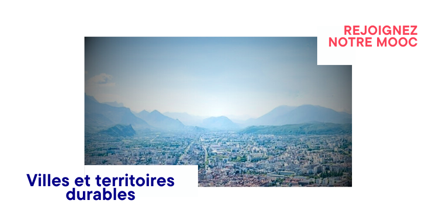 vue du ciel d'une agglomération avec montagnes en arrière plan et encart charte CNFPT