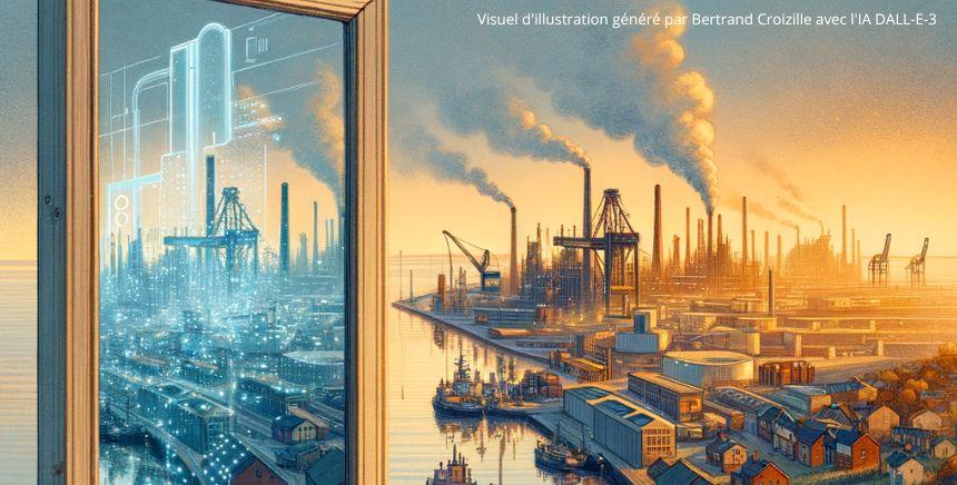 port industriel avec miroir révélant un reflet technologique, lumière bleue et orange