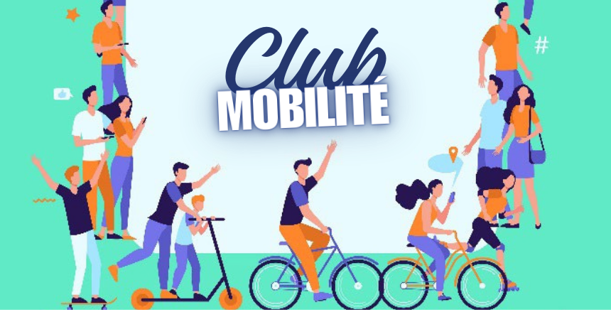 carré turquoise avec plusieurs représentations d'alternatives de déplacement encadrant le texte "club mobilité" 