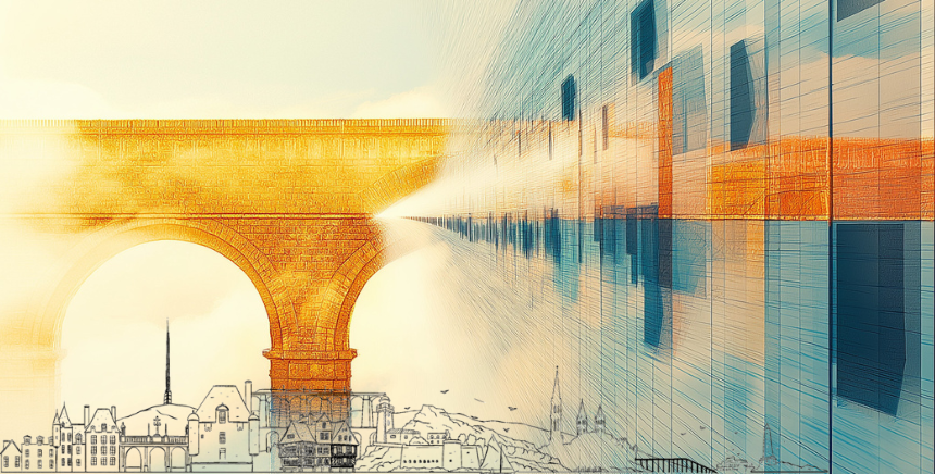 visuel effet pastel, pont et fondu couleur orange et bleu avec dessin de ville - RTP25