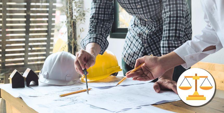 séance de travail autour de plans, avec icône juridique