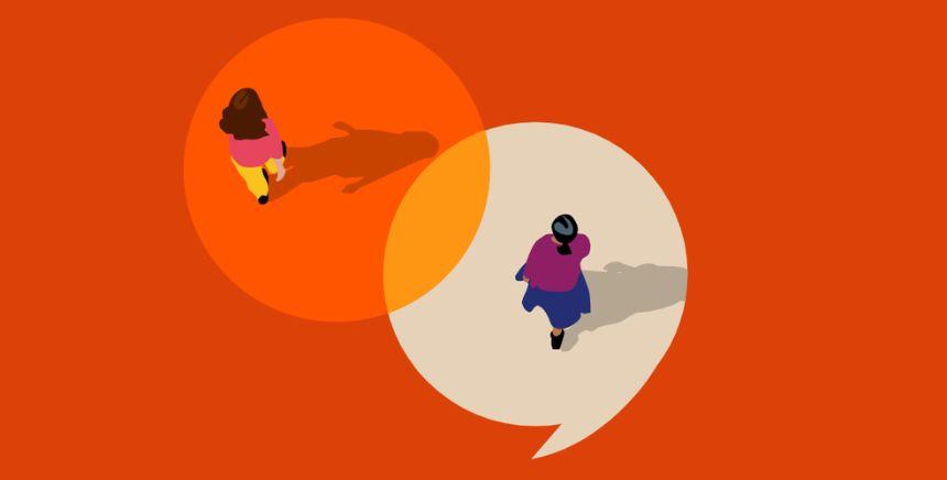 Sur fond rouge, deux bulles (orange et blanche) qui se chevauchent avec deux silhouettes de femmes vue de haut (graphique)