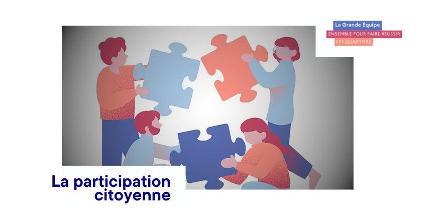 iconographie de quatre personnes assemblant des pièces de puzzle et titre participation citoyenne
