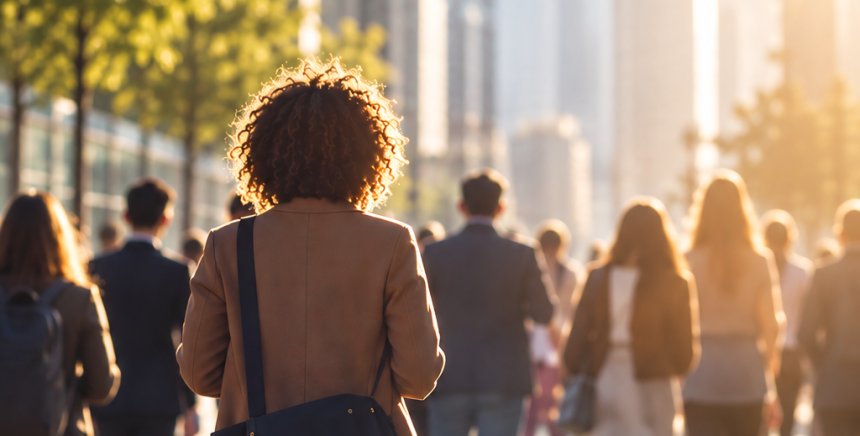 Parmi une foule de dos, au premier plan une silouette de femme coupe afro en milieu urbain au soleil couchant